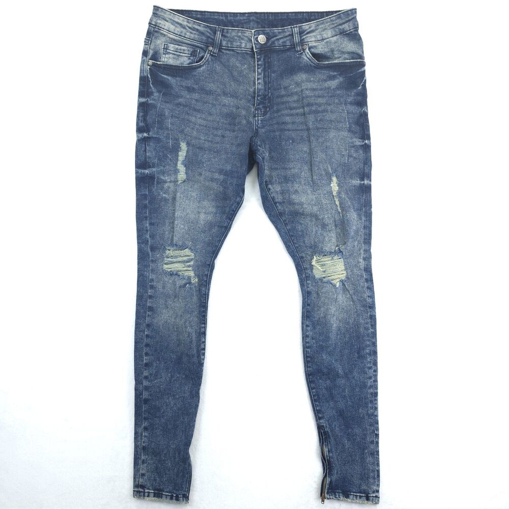 YoungLA Distressed Jeans Men's 36x32 Ankle Zip Skinny Stretch Denim